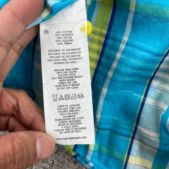 Penguin Shirt Men Large L Teal Yellow Blue Plaid Button Up Casual Polo Classic - Picture 7 of 10